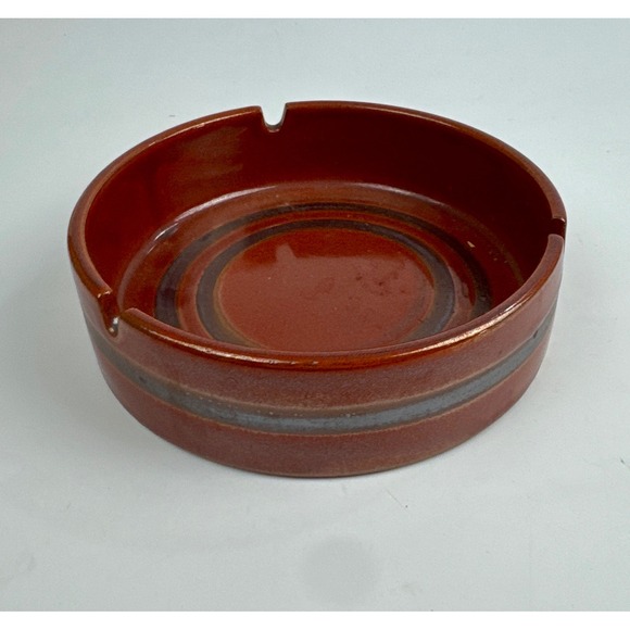 Unbranded Other - Vintage Mid-Century Modern Ceramic Ashtray Red Brown Striped Glazed Round 5 in